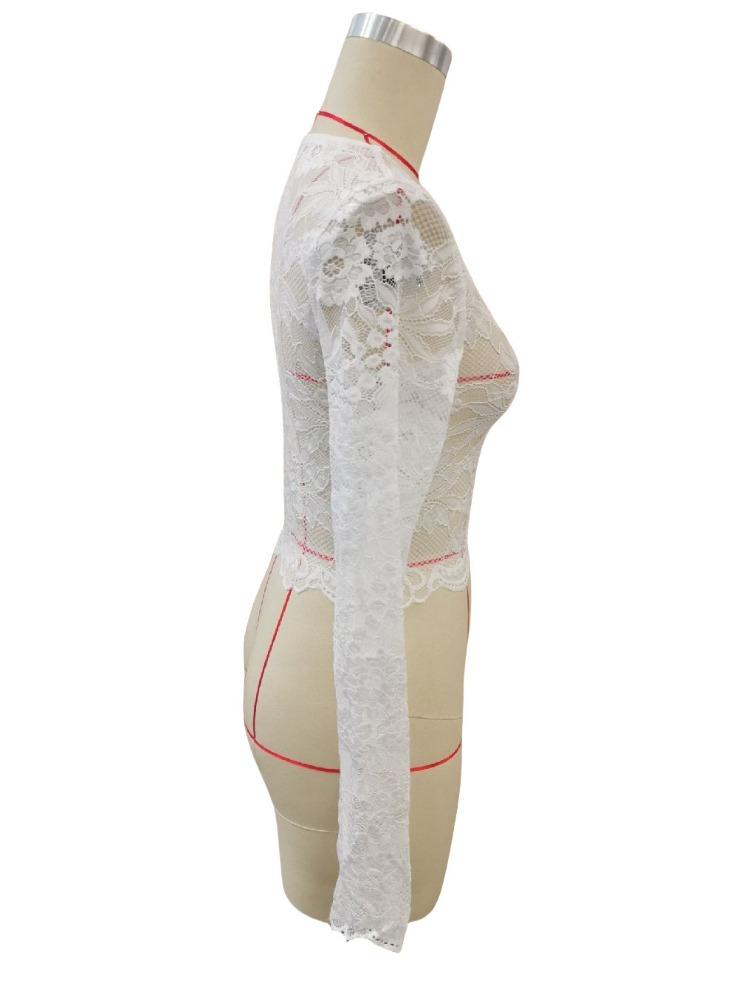 Sexy Jednovrstvá Krajková Krajková Dlouhý Rukáv Krátká Sekce Pulovr Slim Slim Tričko Top Všestranný Nezbytný Kousek Šatníku Módní Kousky Košile