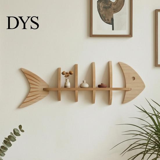 Small Apartment Space Saving Shelf Fish Bone Storage Rack, Wood Wall Mounted Floating Shelf, Ocean Style Bathroom Organizer for Aromatherapy