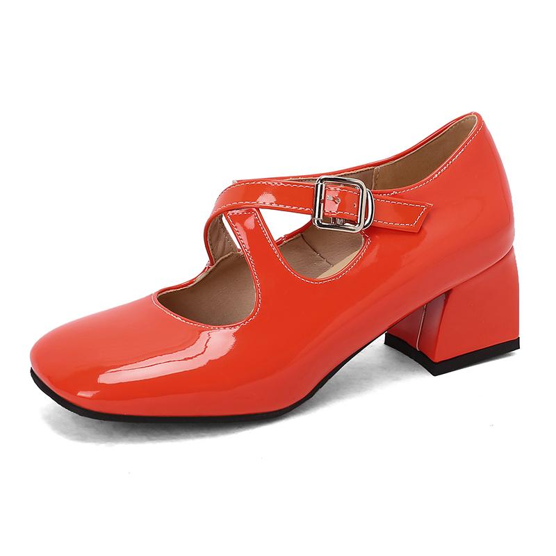 Women Mary Jane Pumps Patent Leather Lolita Shoes Med Heels Chunky Style 2025 Cross Strap Decor Comfort Square Toe Footwear