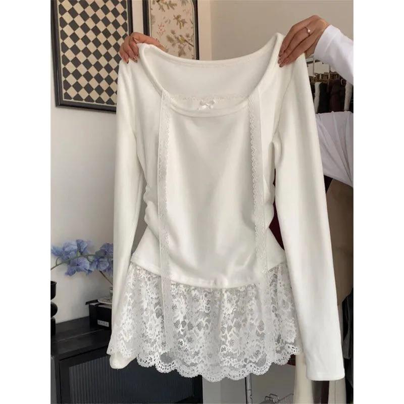 Korean Lace T-shirt Spliced Fake Two-piece Autumn Winter New Long-sleeved German Velvet Bottoming Top Bottoming Shirt