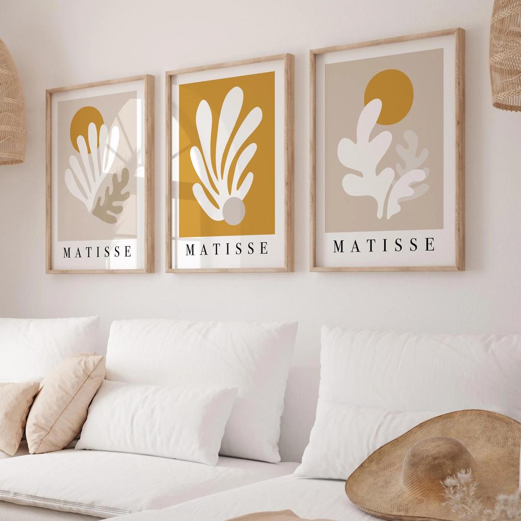 Matisse Wall Art Prints, Set of 3 Mid Century Modern Posters In Beige & Mustard Yellow, Botanical Prints, Living Room Art