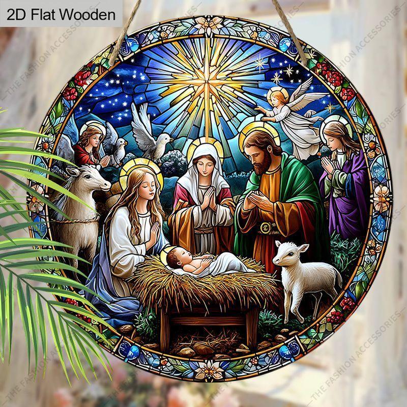 Pingente de cena da Natividade da noite sagrada, decoração de paredes ou portas de casa, madeira plana 2D, decoração de Natal, presentes para amigos e família