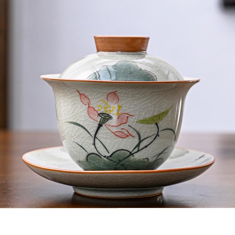 160ml Hand-painted Lotus Ceramic Tea Tureen Covered Bowl Handmade Porcelain Gaiwan Teacup Household Tea Bowl Chinese Teaware