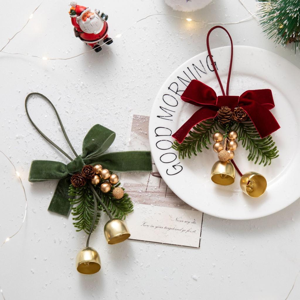 Christmas Ornament Velvet Bow Pinecone Pine Branch Hanging Pendant Xmas Tree Decor Vintage Metal Bells Home Party Decor