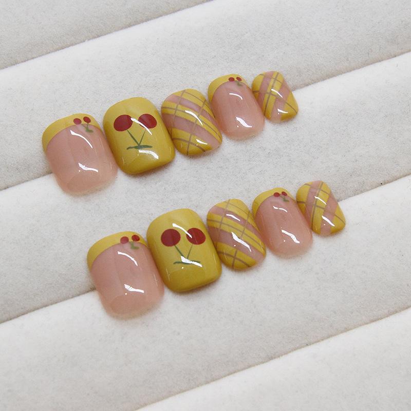 Wearing Nail Pieces Solid Color Removable Nail Pieces Patch Cartoon Cherry Simple Short Nail Fake Nail Pieces 24 Pieces