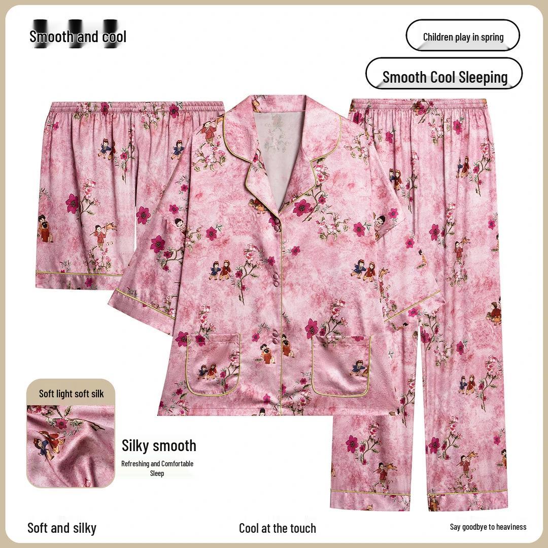 

Комплект женской пижамы Da Vinci Code из ледяного шелка - Трикотажный жаккардовый домашний костюм из трех предметов с коротким рукавом для весны/осени XXL