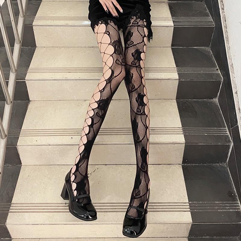 Black Rose Retro Fishnet Stockings: Women's Sexy Grid Hollow Pantyhose