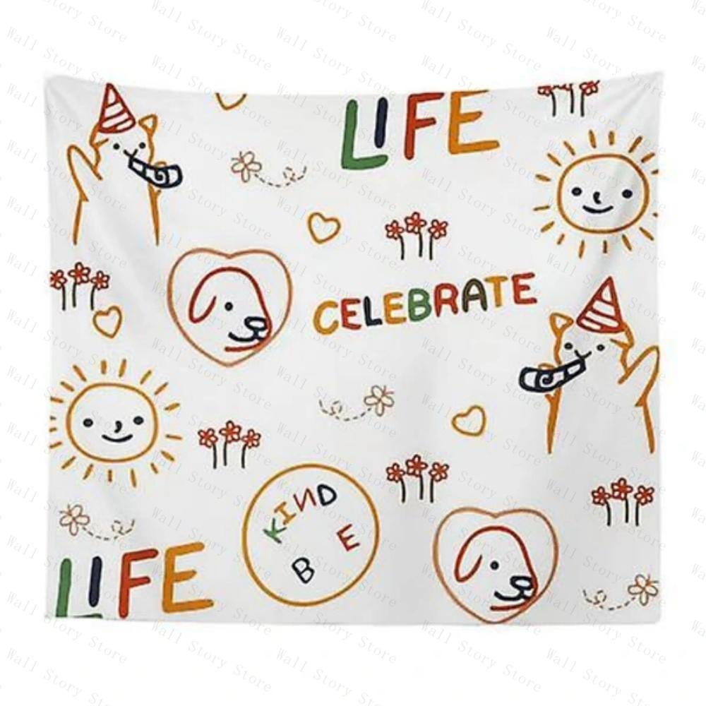 Kawaii Dog Cat Life Celebrate Tapestry Hand Drawn Puppy Heart Wall Art Boho Wall Blanket for Kids Room Tapestry Home Decoratio