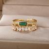Classic Green Irregular Double Layer Zircon Rings For Women Stainless Steel Gold Plated Wedding Open Finger Ring