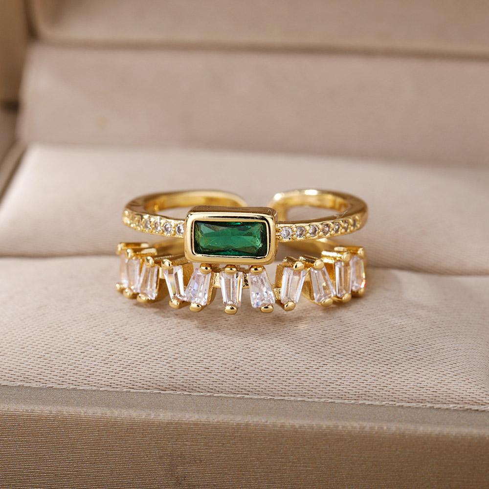 Classic Green Irregular Double Layer Zircon Rings For Women Stainless Steel Gold Plated Wedding Open Finger Ring