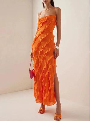 2026 Elegant Spaghetti Strap Ruffle Dress: Solid Color, Backless with Slit