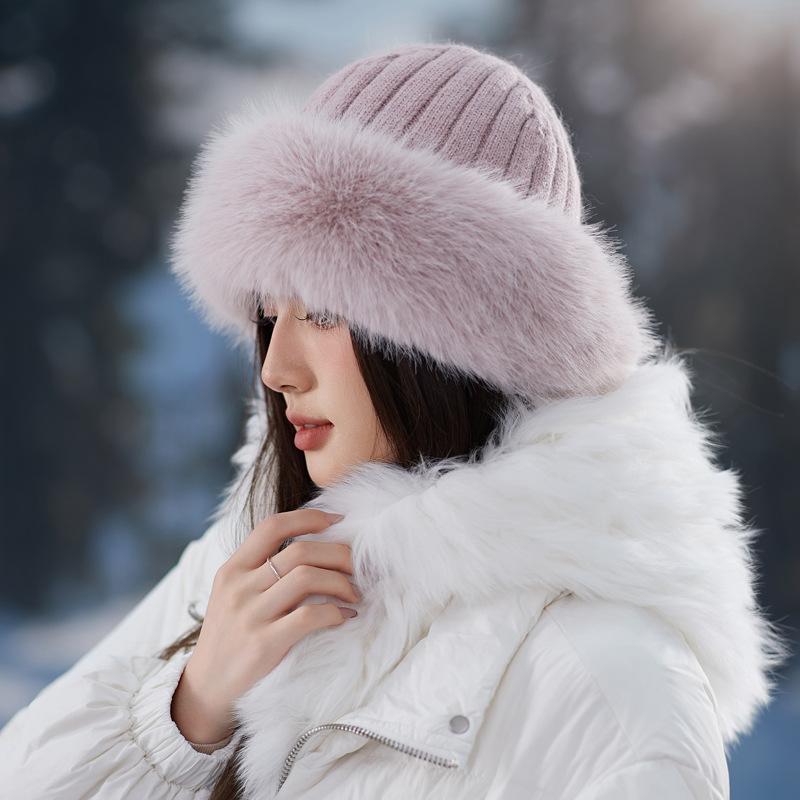 Winter Plush Faux Mink Fur Beanie Hat for Women Elastic Knit Fisherman Cap with Ear Protection - Chic Accessory for Casual Occasions