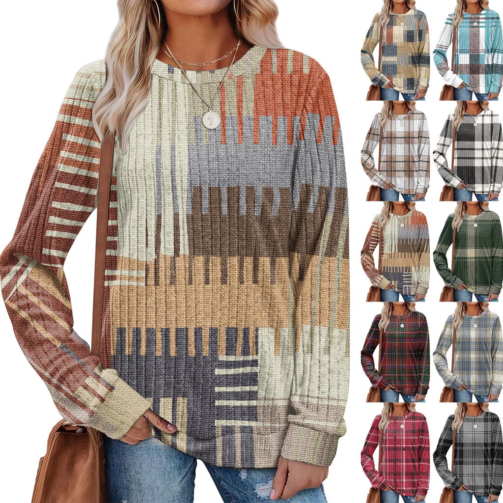 Fashionable Women's Long Sleeved Checkered Striped Printed Lightweight Sweater With Loose Round Neck Top