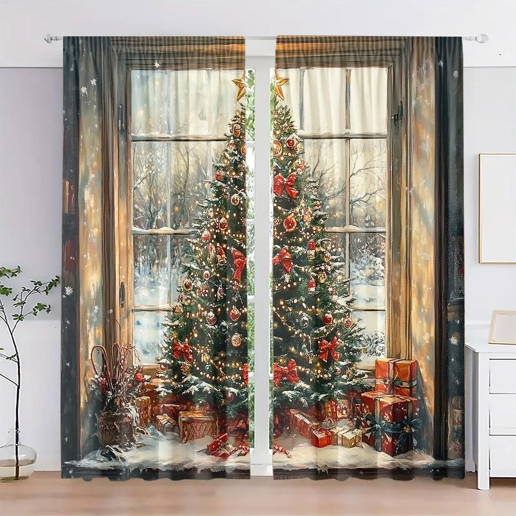 Set Of 2 Christmas Tree Curtains Polyester Bedroom Living Room Office Decor Curtain Light Filtering With Rod Pocket Machine Washable Ideal For Great