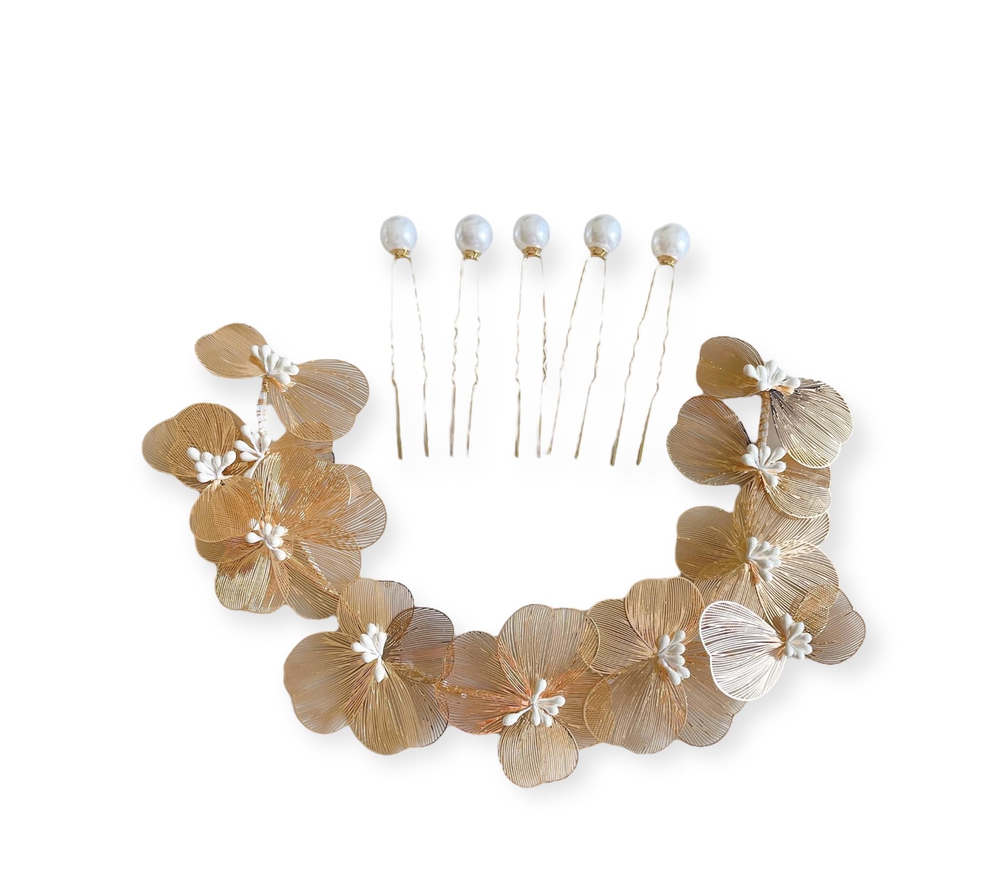 

Gold flower head dress with pearl perfect for and other traditional Japanese Perfect for bridal and other formal pin, coming-of-age ceremonies,