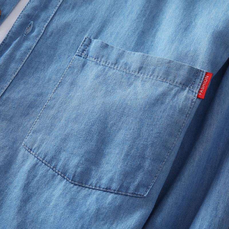 Pánská džínová košile s dlouhým rukávem. Letní móda ze 100% bavlny Jednobarevná, prodyšná a pohodlná klopa