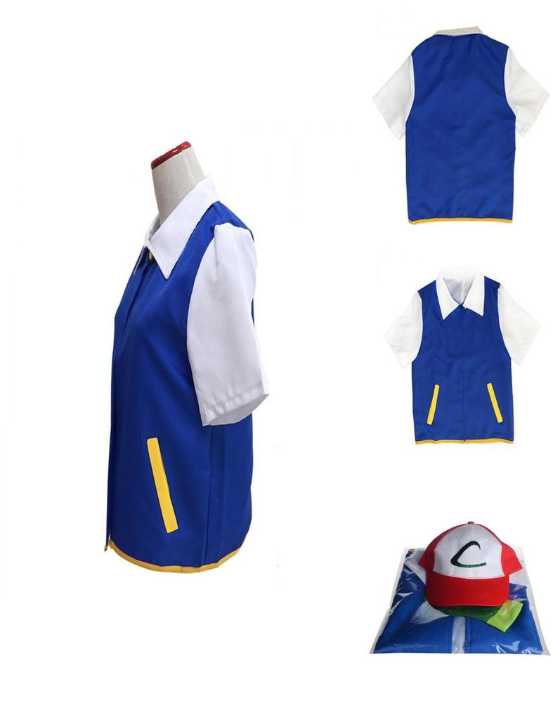 Pokemon Ash Ketchum Cosplay Costume Full Set Adults Jacket Gloves Hat Halloween High Quality Elastic Soft Polyester Material