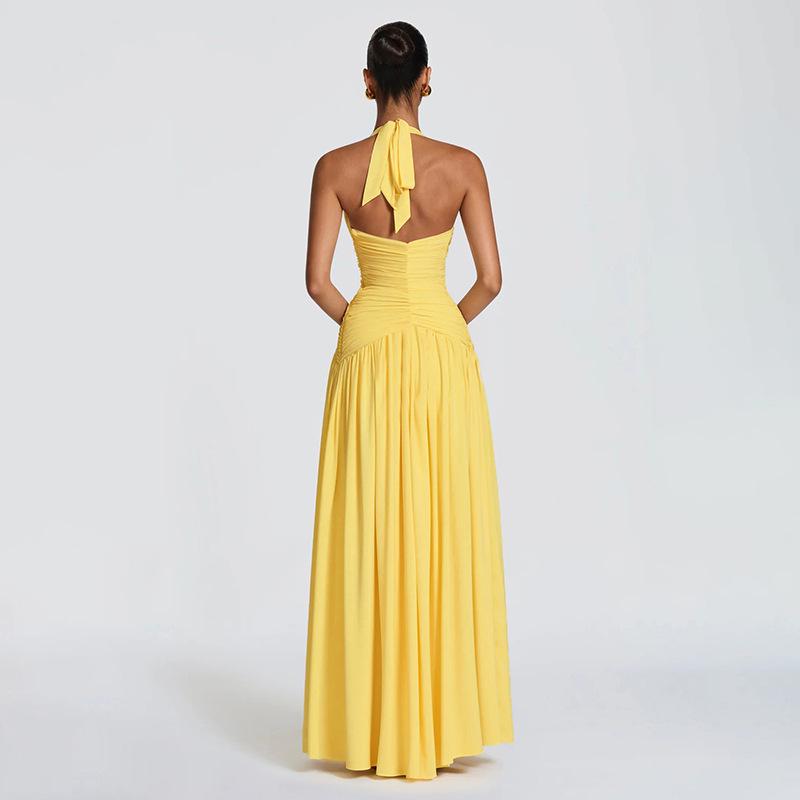 J26DS080 European & American Women's V-neck Tie-up Slit Dress - Spring/Summer Collection