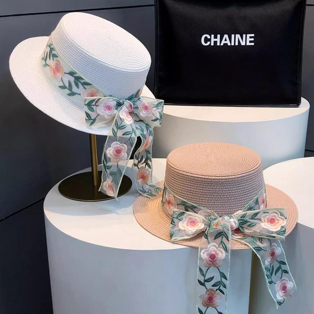 New French Bow Straw Hat Women's Flat-top Sunscreen Hat Summer Casual Sunshade Straw Sun Hat