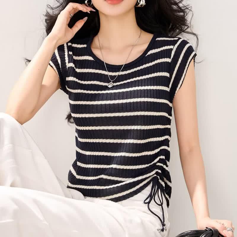Zuo Se Breathable Ruffle Sleeve Striped Knit Top M