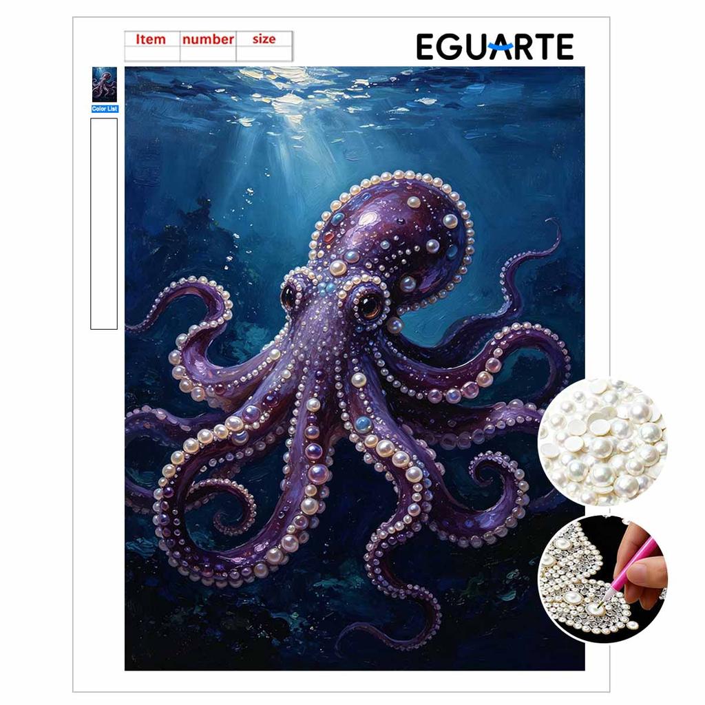 DIY Framed Pearl Painting Kit Purple Octopus Pattern Sparkling Bead Canvas Art for Living Room Decoration Wall Decor Handcraft Gift 14 inch Frame