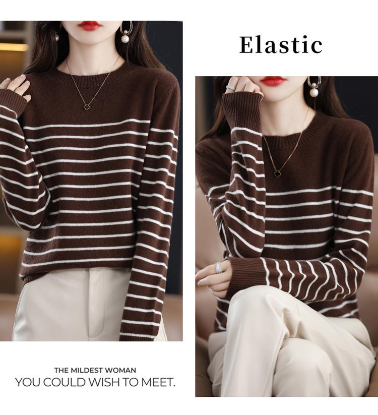 Women's Wool Round Neck Sweater - Autumn/Winter Striped Loose Knit Base Layer