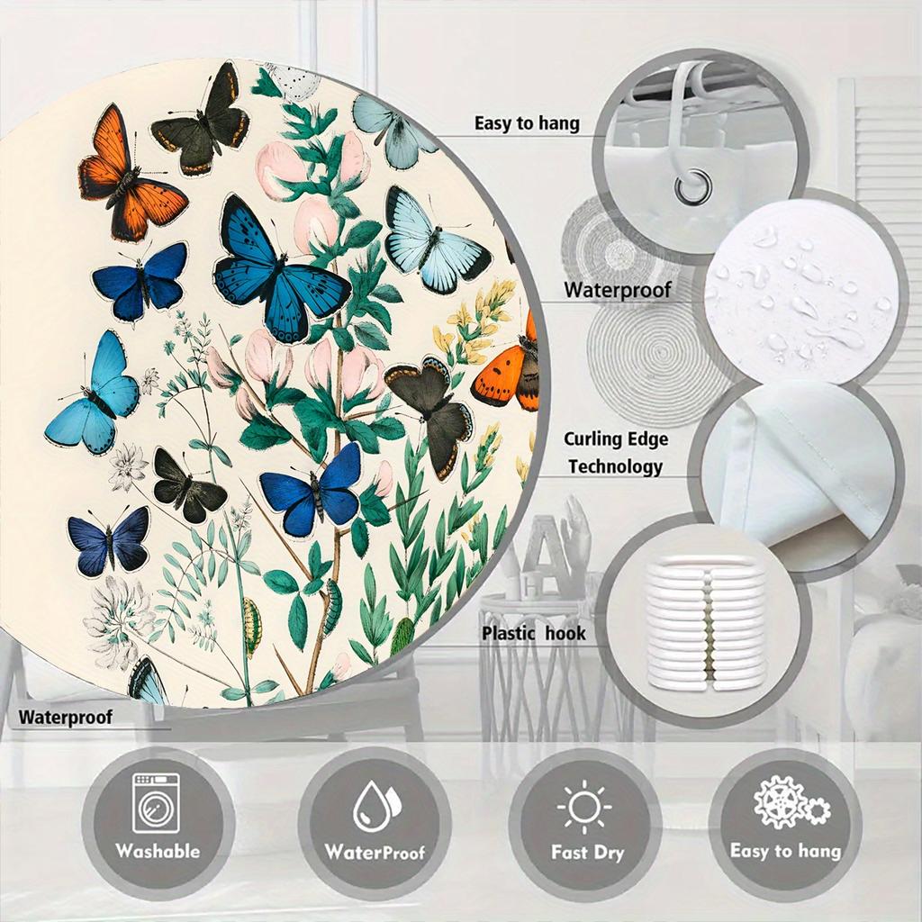 Floral Butterfly Shower Curtain – Polyester Fabric Bathroom Decor, Can Be Used As Room Divider Or Wall Hanging