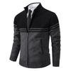 Men's Spring Winter Sweater Thick Fleece Warm Sweater Casual Stand Collar Zipper Cardigan Fashion Striped Coat