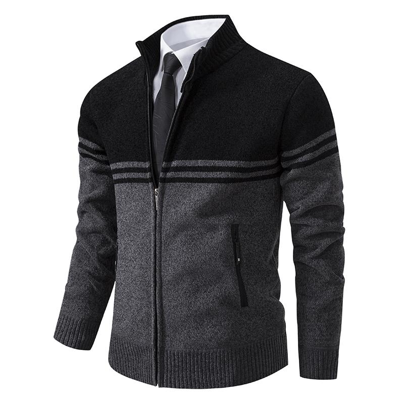 Men's Spring Winter Sweater Thick Fleece Warm Sweater Casual Stand Collar Zipper Cardigan Fashion Striped Coat
