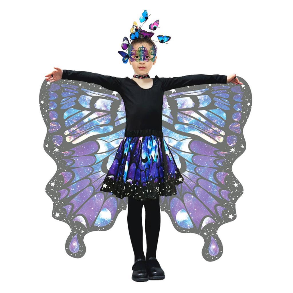Schmetterlingsumhang für Kinder, Performance, Cosplay, buntes Feenflügel-Kostüm mit flatternden Ärmeln, mehrlagigem Saum, Karnevalsrock, Halloween-Stirnband, Maske