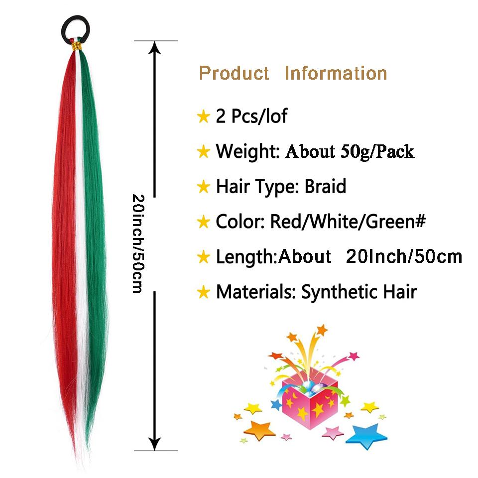 2/Stück farbige Pferdeschwanz-Haarverlängerung, modisch, Party, Weihnachten, Neujahr, Geschenk für Frauen, Rot, Weiß, Grün, 50,8 cm