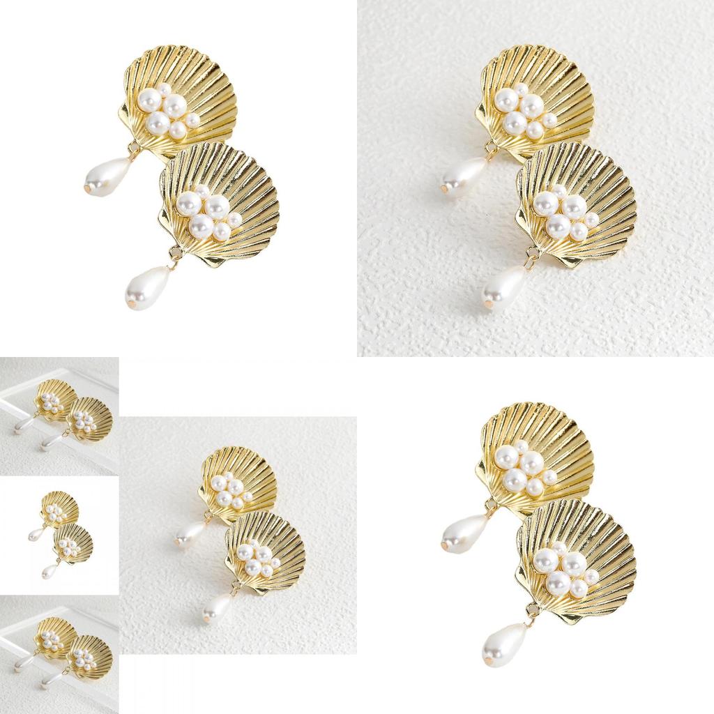 Trendy European American Natural Shell Pearl Earrings Chic Geometric Design Stylish Gold Alloy Jewelry