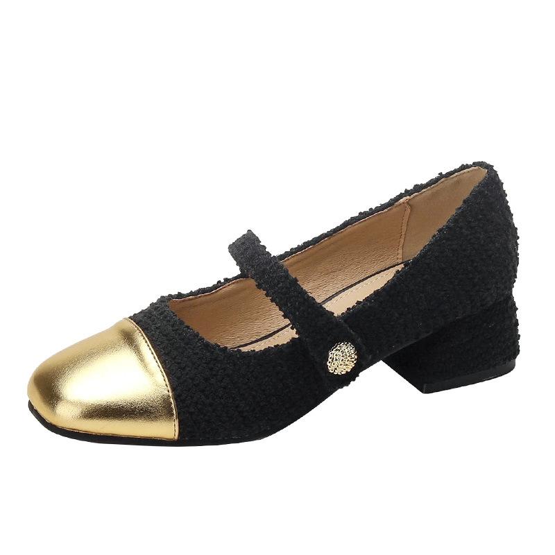 Leather Mary Jane Single Shoes Women's Light Shoes Thick Heel 2025 Spring New Round Head French Color Matching Temperament Silver Single Shoes