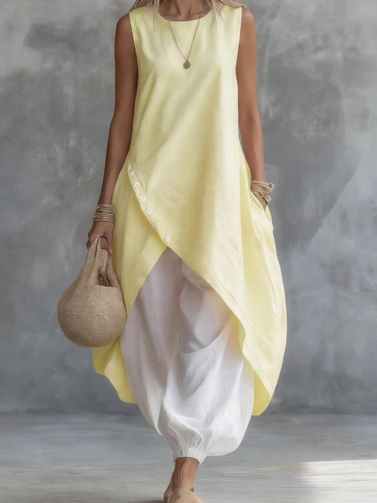New Solid Color Sleeveless Loose Pocket Midi Dress Set