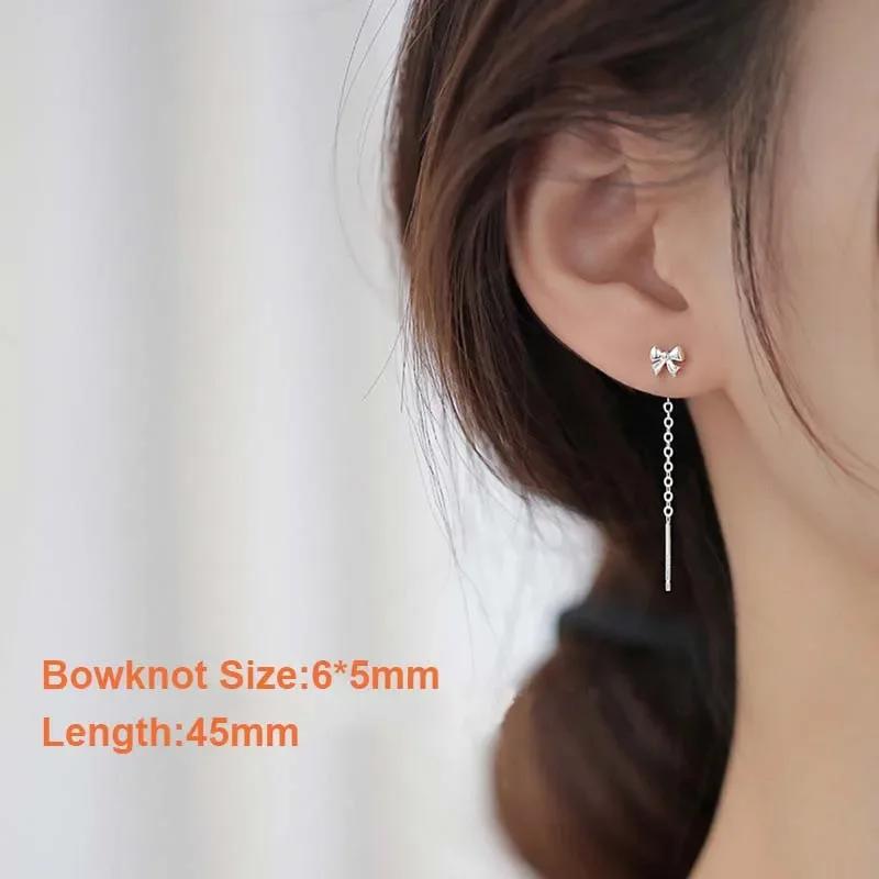 100% 925 Sterling Silver Long Tassel Bowknot Stud Earrings for Women Girls Piercing Jewelry Women s Party Wedding pendiente