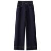 2024 High-Waisted Fleece-Lined Cropped Straight-Leg Retro Dark Blue Women's Jeans for Autumn/Winter