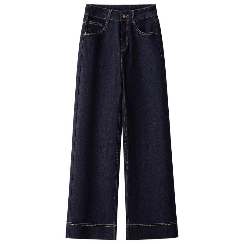 2024 High-Waisted Fleece-Lined Cropped Straight-Leg Retro Dark Blue Women's Jeans for Autumn/Winter