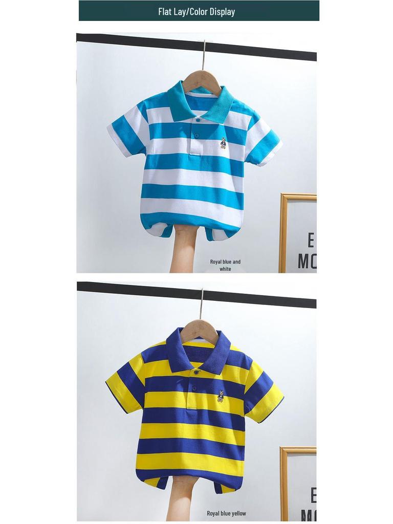 Kids' Korean Striped Cotton Polo Shirt: Short-Sleeved T-Shirt for Boys, Sizes 0-16, Summer Children's Clothing