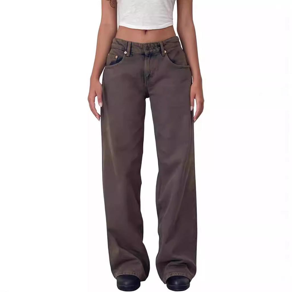 Podzimní americké retro džíny s nízkým pasem a rovnými nohavicemi pro ženy