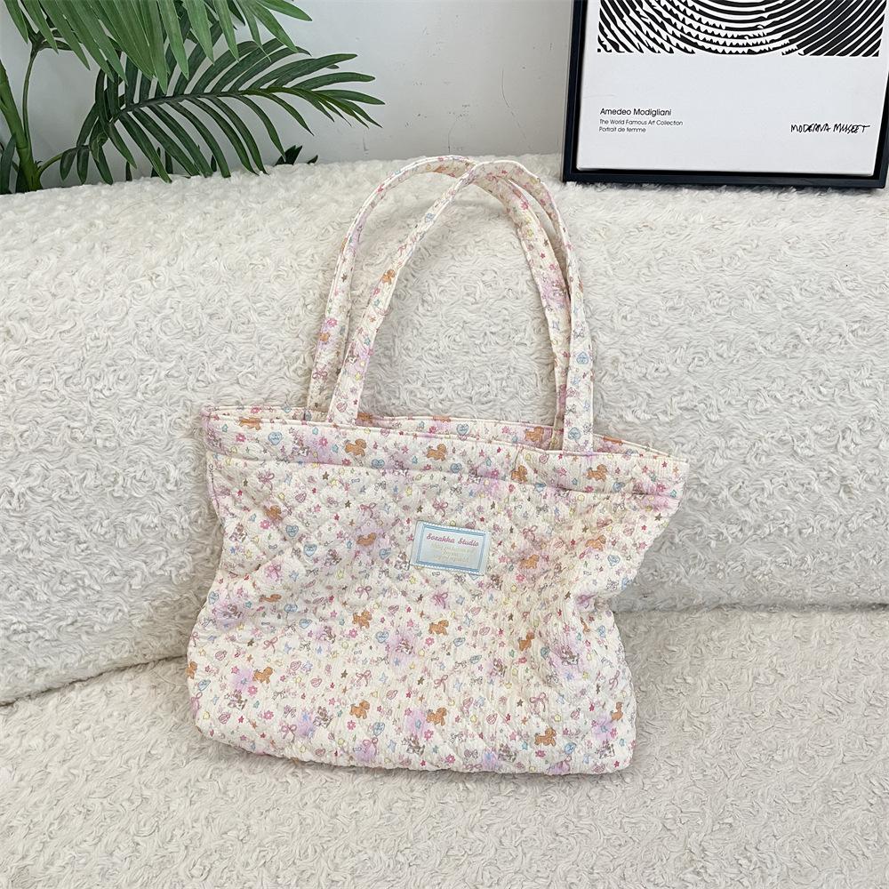 

10 Cartoon printed quilted quilted cotton bag shoulder cotton bag women s horizontal large-capacity portable canvas bag