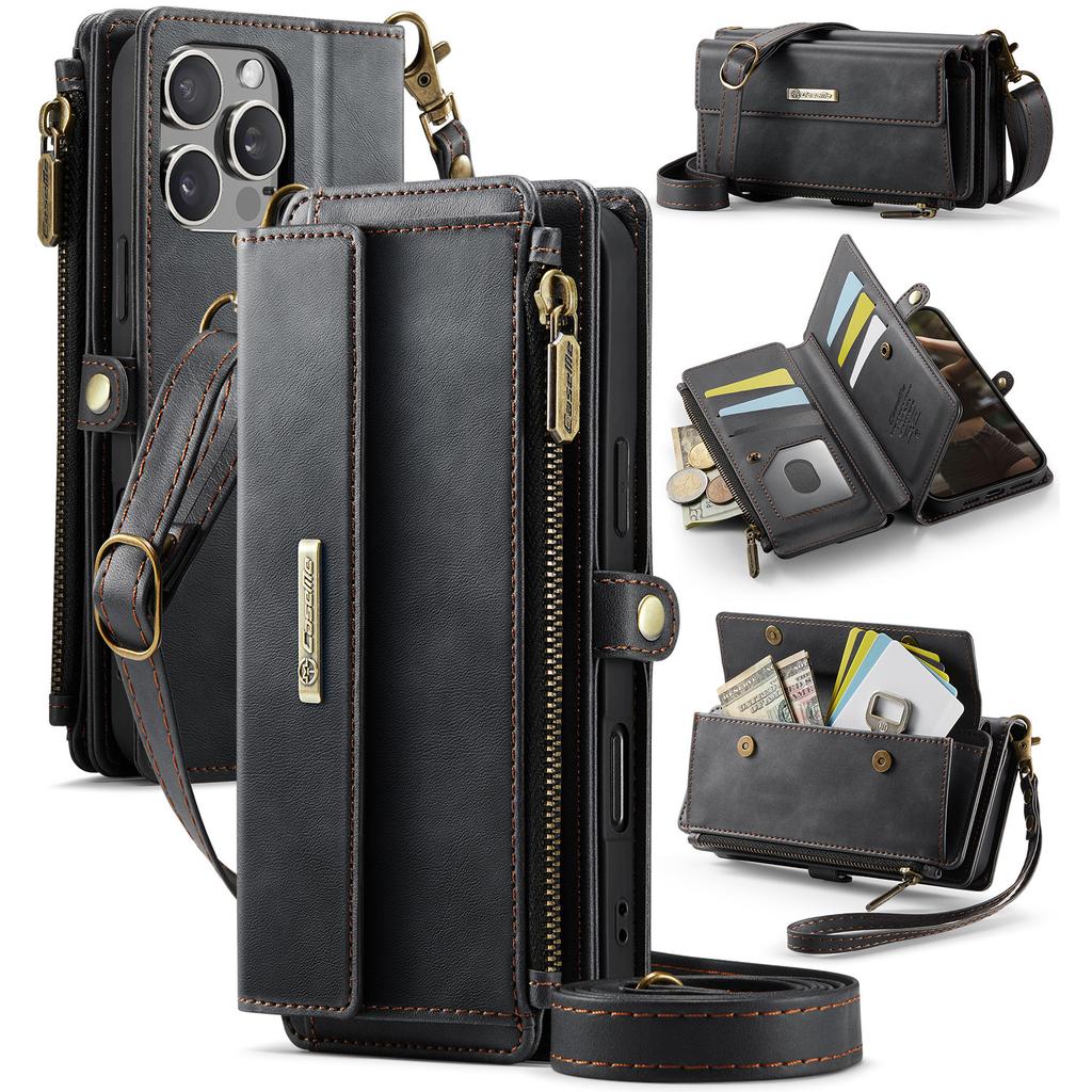 For iPhone 16 Pro CASEME Case C39 RFID Blocking Zipper Wallet Stand Leather Cover with Strap