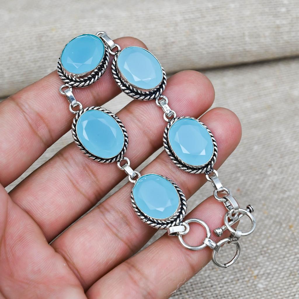 Blue Chalcedony Bracelet 925 Sterling Silver Handmade Lab-Created Jewelry For Anniversary Gift