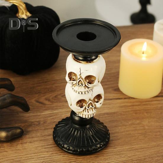 Skull Candlestick Halloween Decoration Resin Pillar Candle Holder Creepy Skull Candle Holder for 3 Inches Diameter Pillar Candle