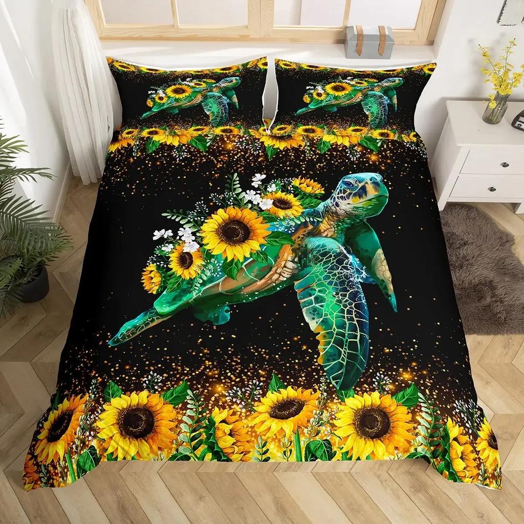Sunflower Duvet Cover Set Yellow Flower Bedding Set Sunflower Botanical Floral Garden Bloom Print on Black Polyester Quilt Cover