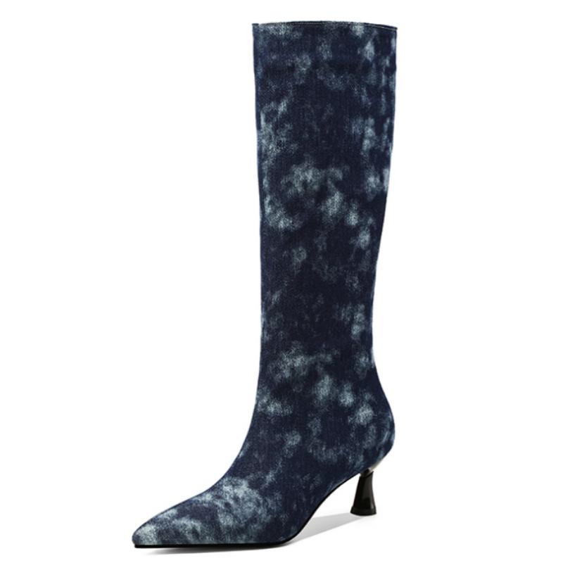 Fashion Blue Jeans Knee High Boots Women Shoes Spring Winter Point Denim Heels Long Boot Dance Party Shoes Female Large Size 44 46