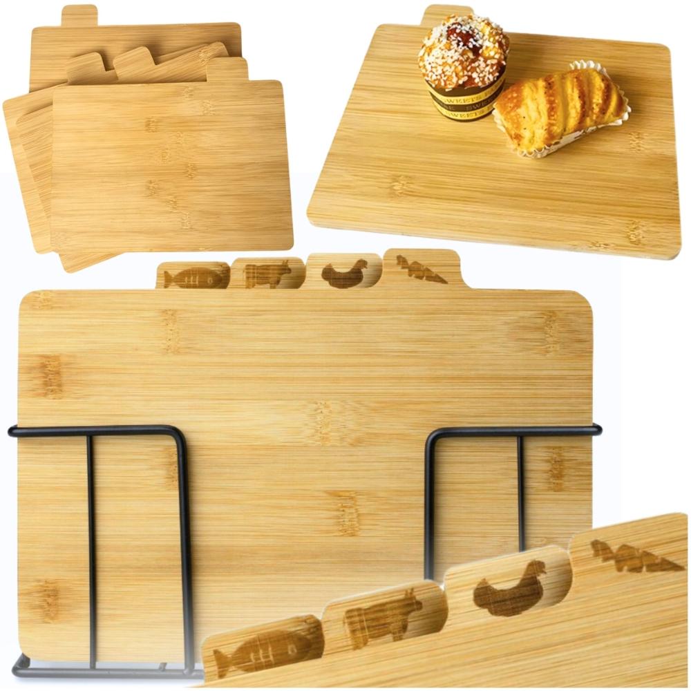Set of 4 cutting board serving kitchen bamboo wooden + stand