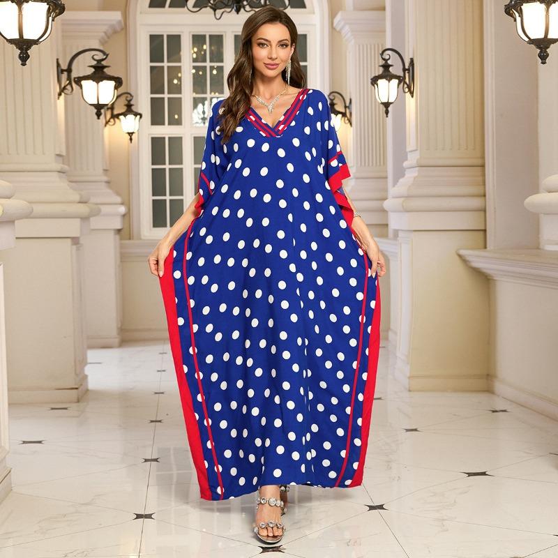 Women's Fashion Summer Spring Solid Color Print 1/2 Sleeves V-Neck Loose Waistline Casual Dresses