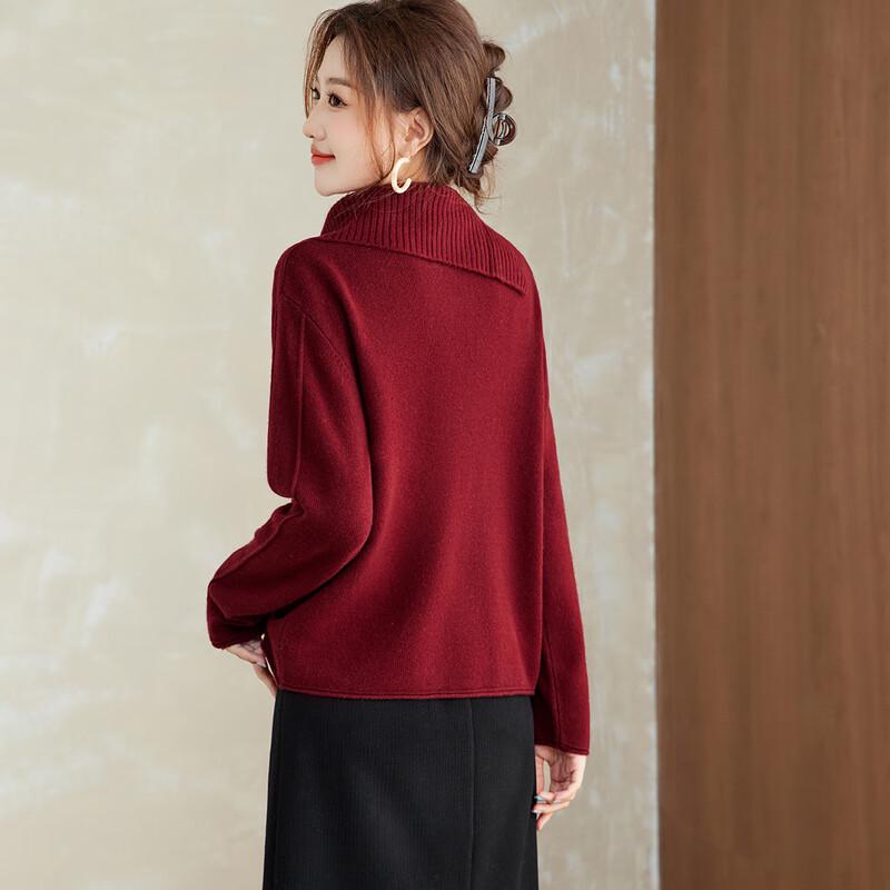 Women's 100% Wool Loose Fit Ribbed Slanted Placket Sweater