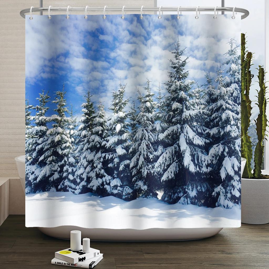Christmas Shower Curtain Xmas Tree Winter Forest Snow Cute Snowman Bathroom Shower Curtain Waterproof Bath Curtain With Hook