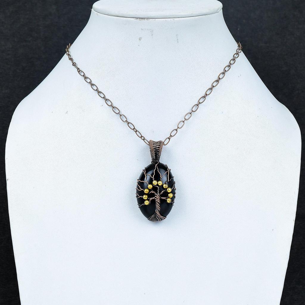 Tree Of Life Black Eye Obsidian Pendant Handmade Gemstone Jewelry, 999 Copper Wire Wrapped Pendant Design Jewelry Pendant